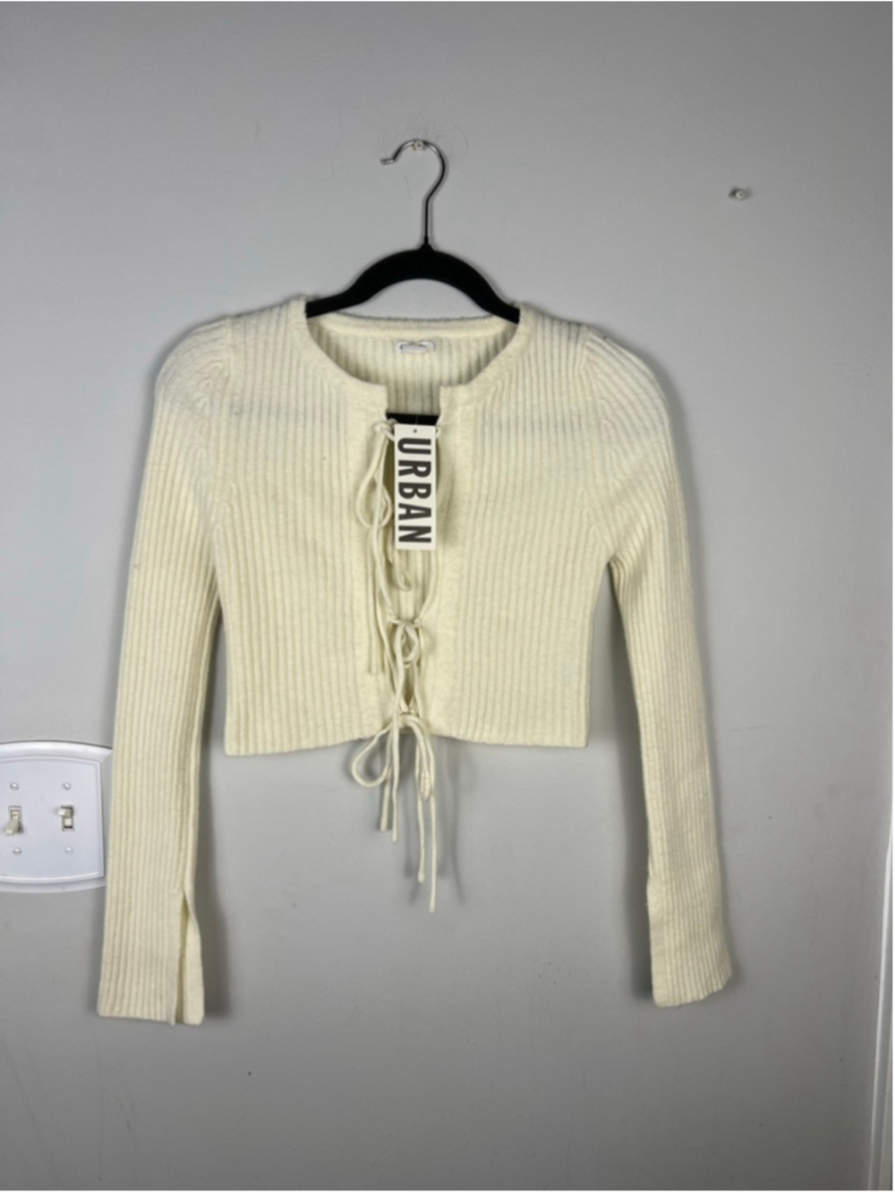 Urban Outfitters Ribbed Lace Up Cardigan XS Cream Cropped Tie Front Soft Girl